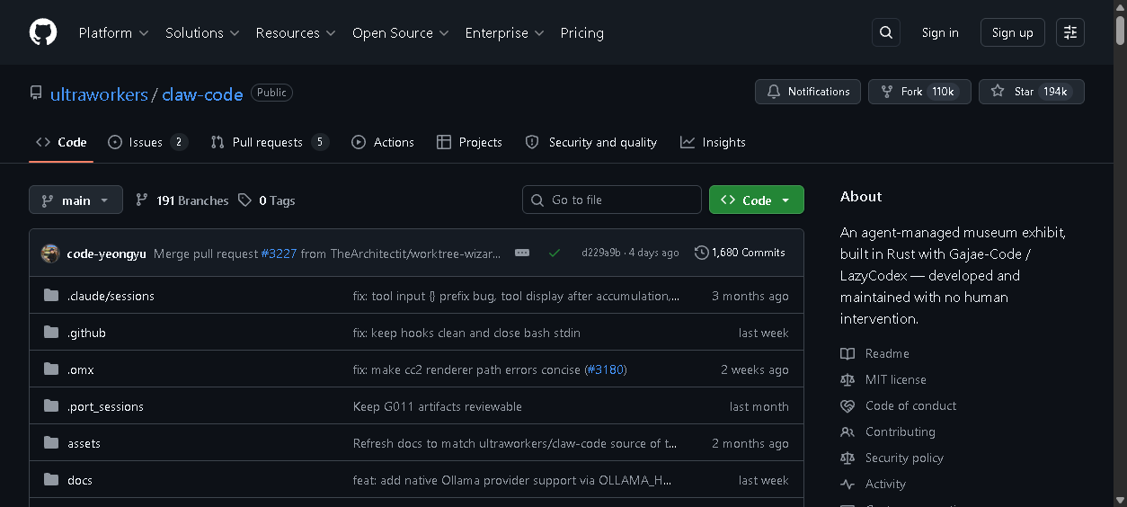 Claw Code GitHub 仓库截图