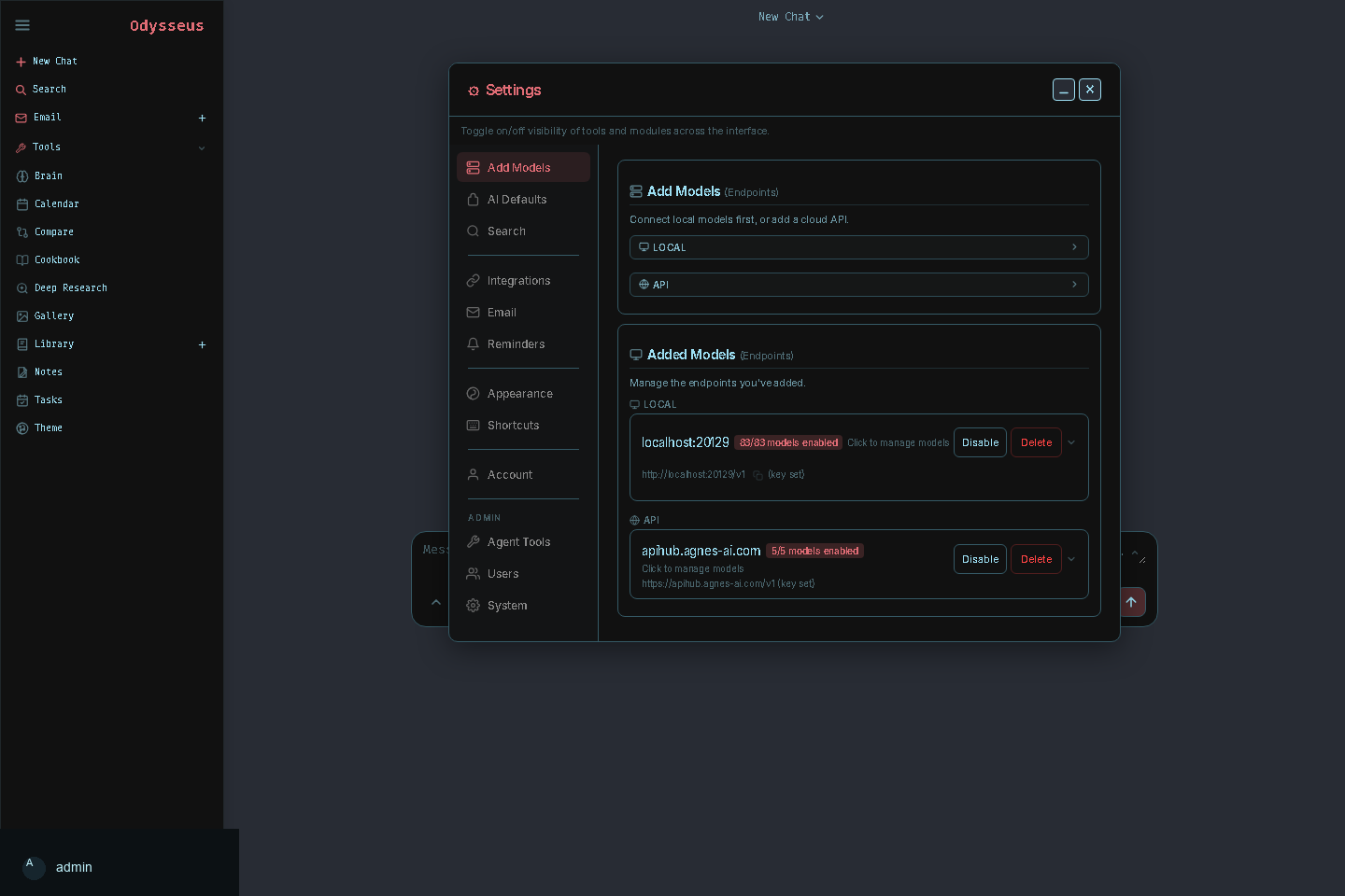 本地 Odysseus Settings 与 Add Models 截图